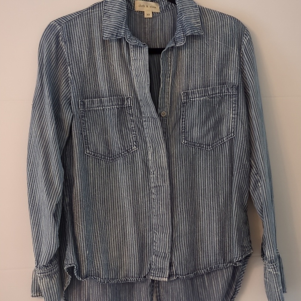 Anthropology Cloth Stone Chambray Striped Button Down Boho Shirt Sz XS